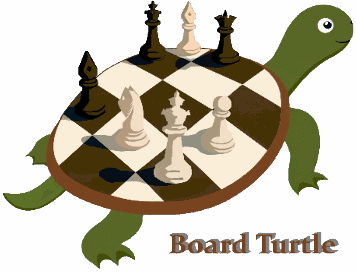 Animated turtle-themed chessboard with chess pieces and playful design.