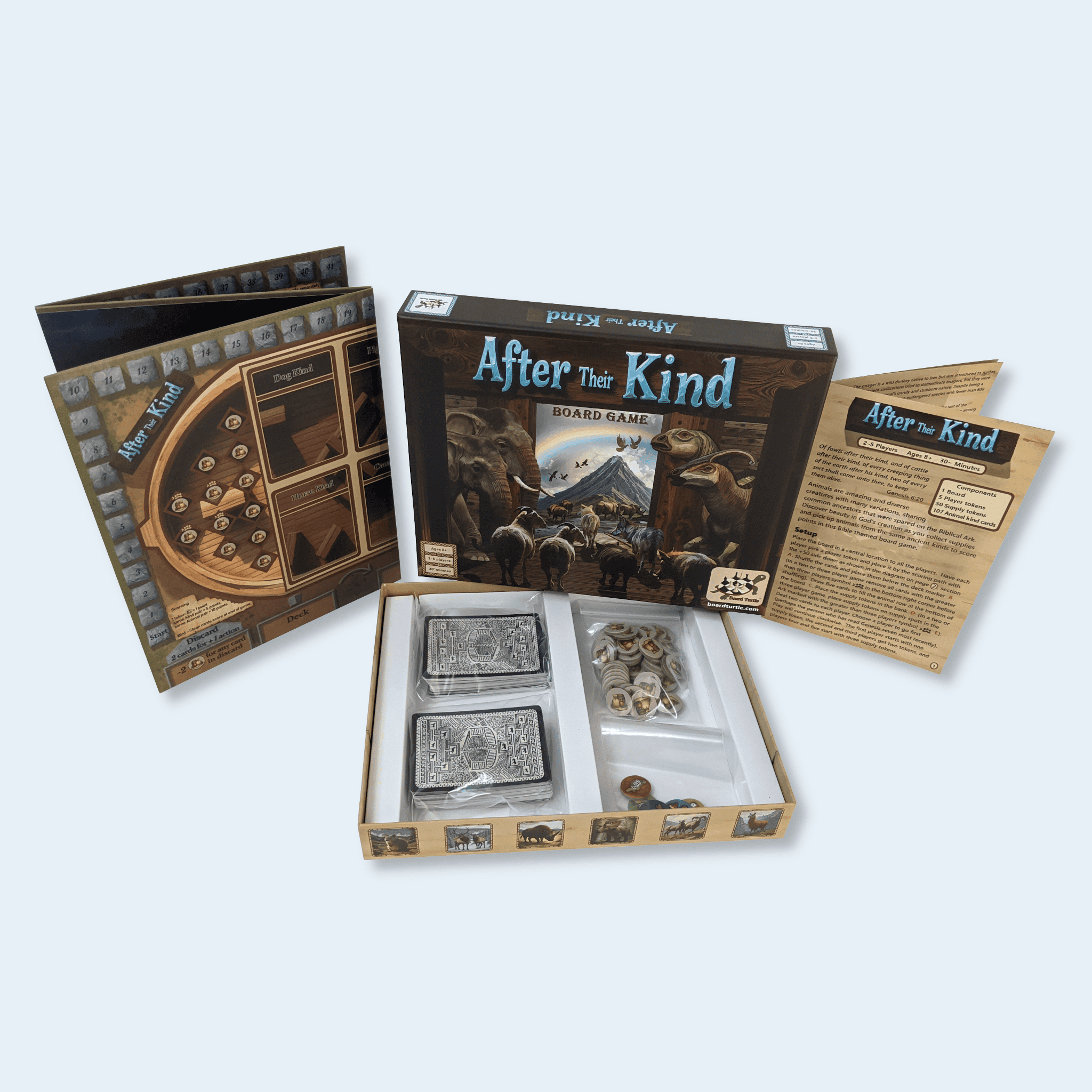 Board game After Their Kind with dinosaur and animal themes, includes cards, tokens, and game instructions for family play.