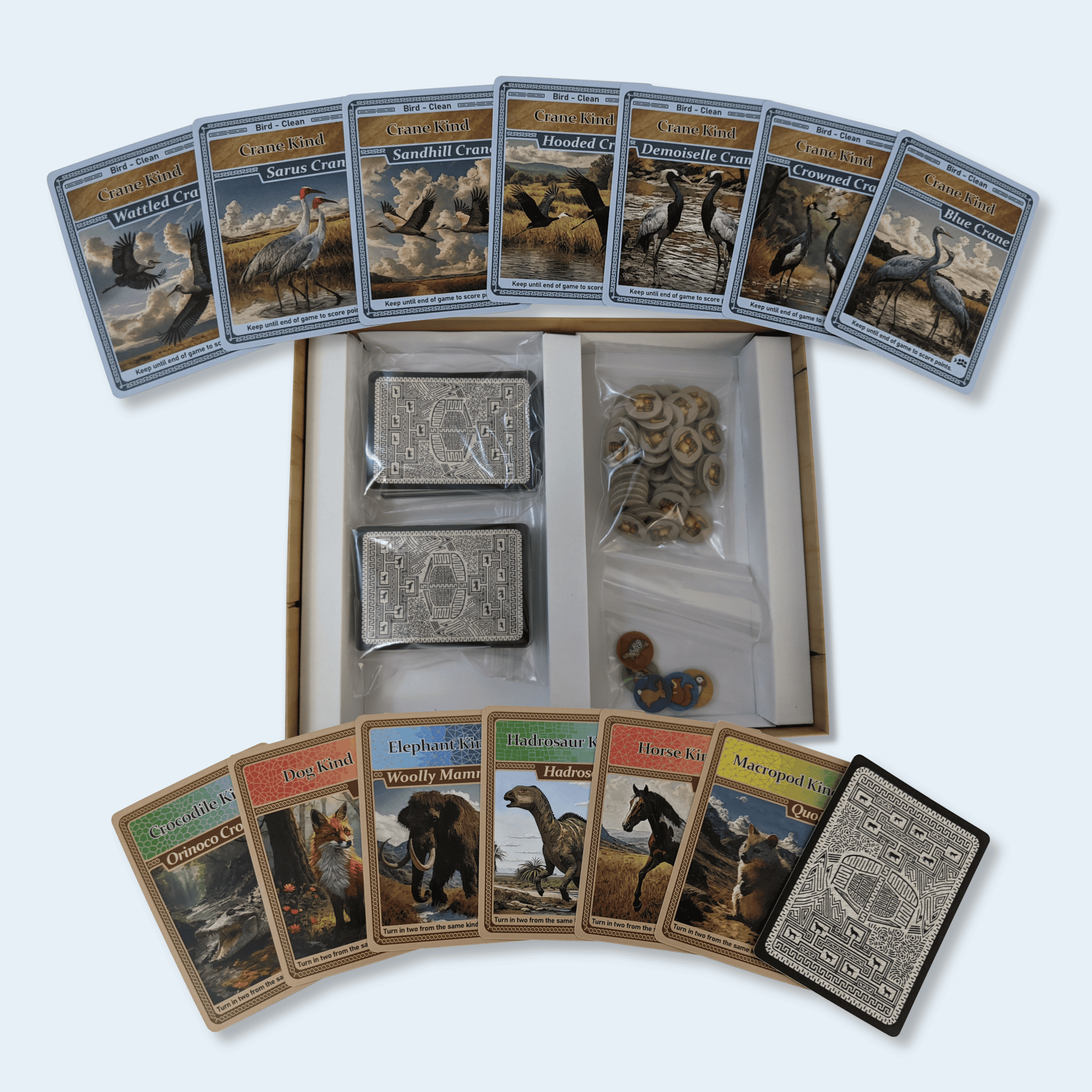Board game set with animal cards, tokens, and maze cards for educational play and family fun.