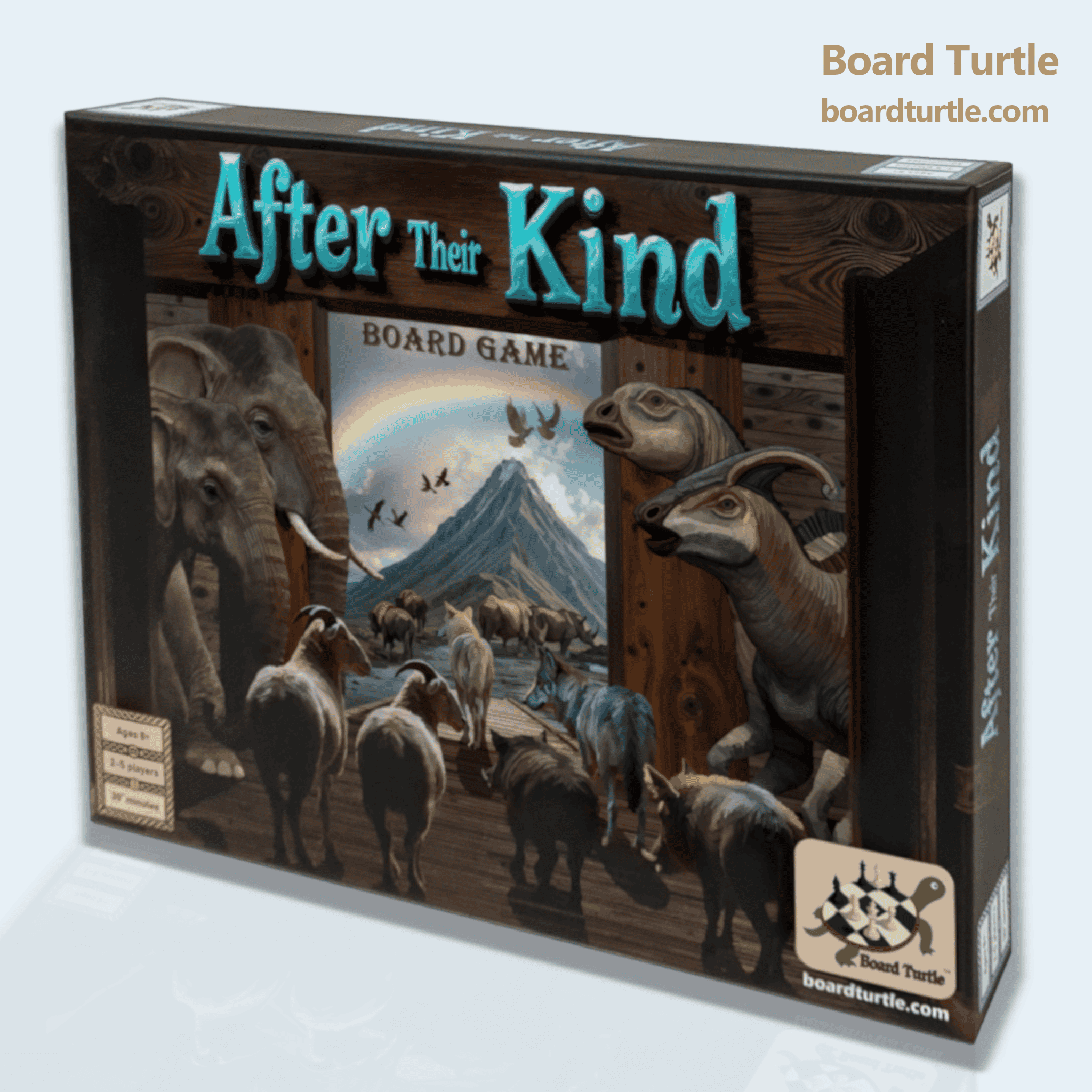 Colorful wildlife themed board game box featuring various animals, mountain scenery, and vibrant design elements.