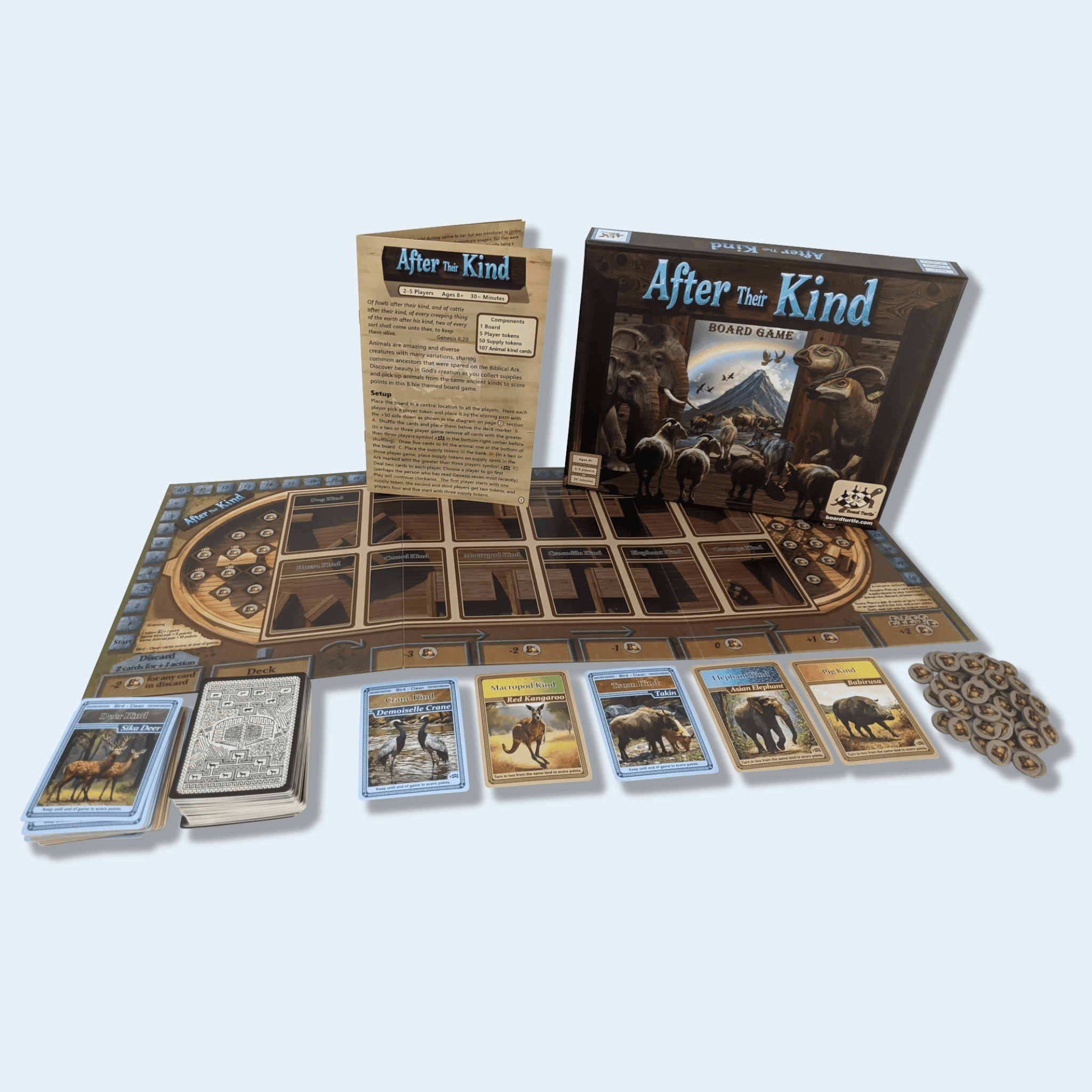 Apealing: vibrant board game setup with animal cards and tokens for "After Their Kind" game.
