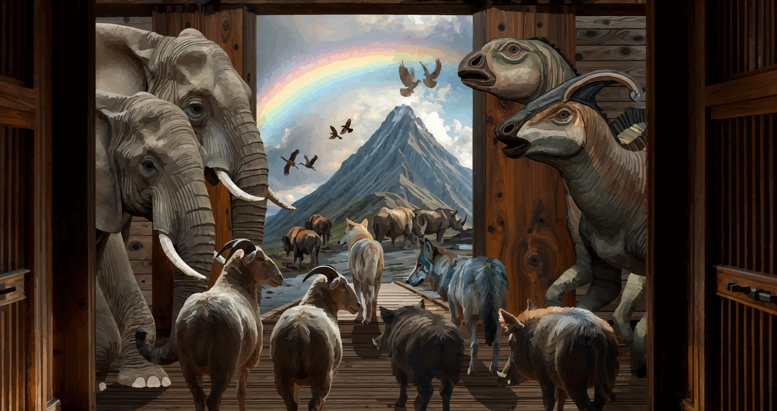 Elephant, wolf, bison, and moose animal heads mounted on wooden walls with mountain landscape backdrop.