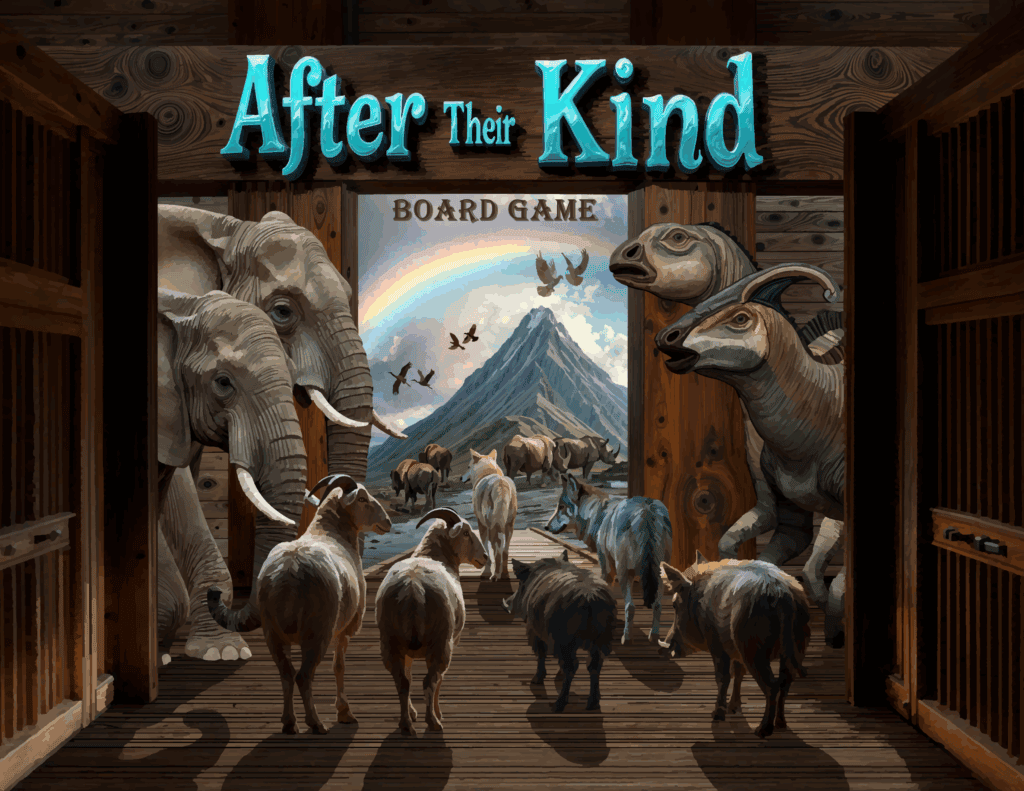 Elephants and farm animals wooden game board with mountain backdrop, After Their Kind, board game, wildlife, animal conservation.